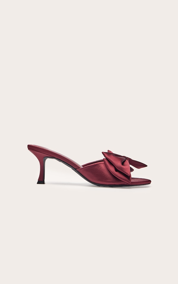 Burgundy Satin Bow Detail Heeled Mule
