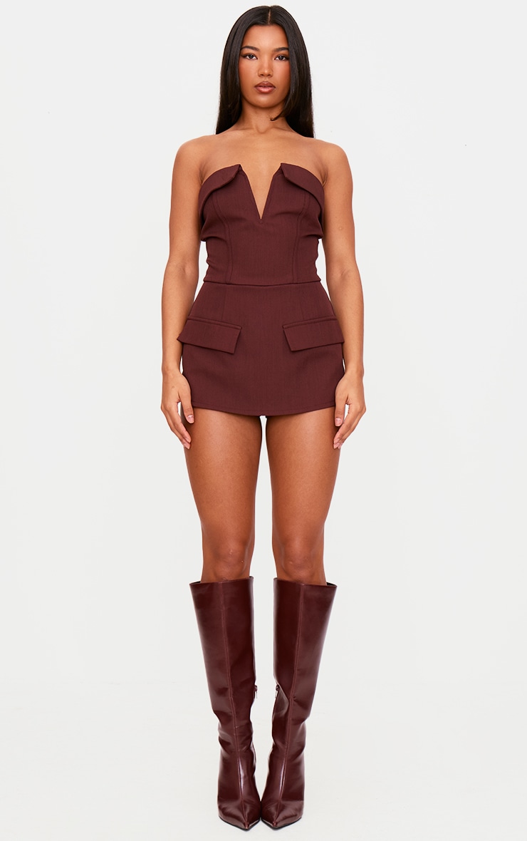 Dark Wine Structured Woven Corset Detail Bandeau Romper image 3