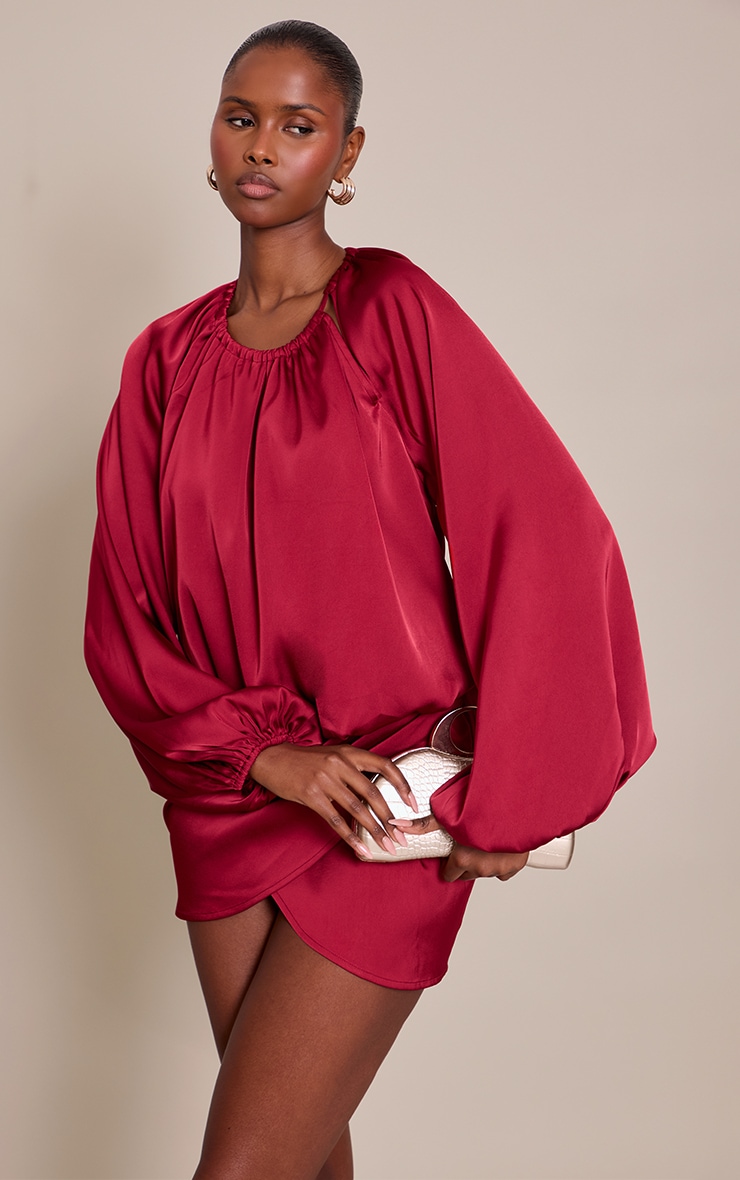 Burgundy Satin Wrap Ruched Long Sleeve Mini Dress image 1