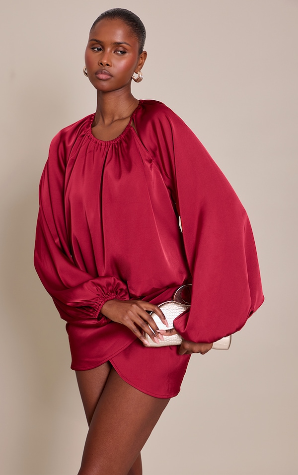 Burgundy Satin Wrap Ruched Long Sleeve Mini Dress