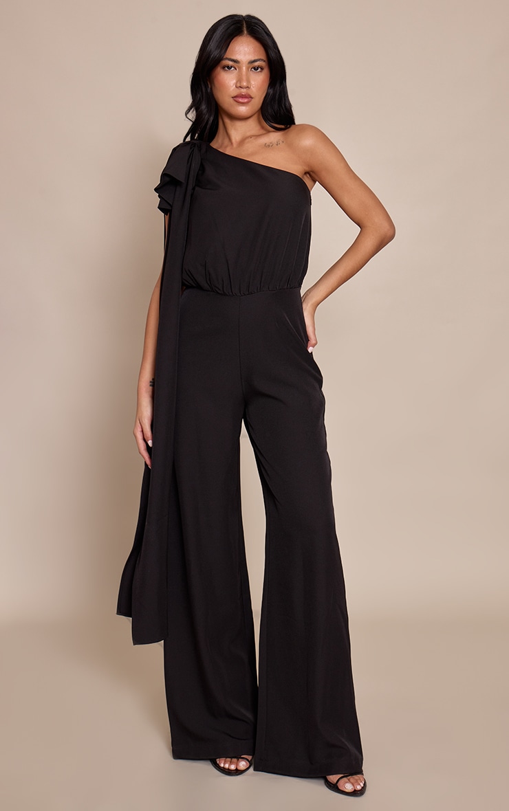 Black Bow Detail One Shoulder Straight Leg Jumpsuit image 3