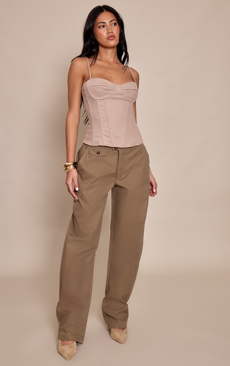 Khaki Woven Button Barrel Leg Pants image 2