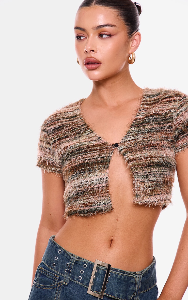 Green Stripe Eyelash Textured Cropped Tie Front Top image 1