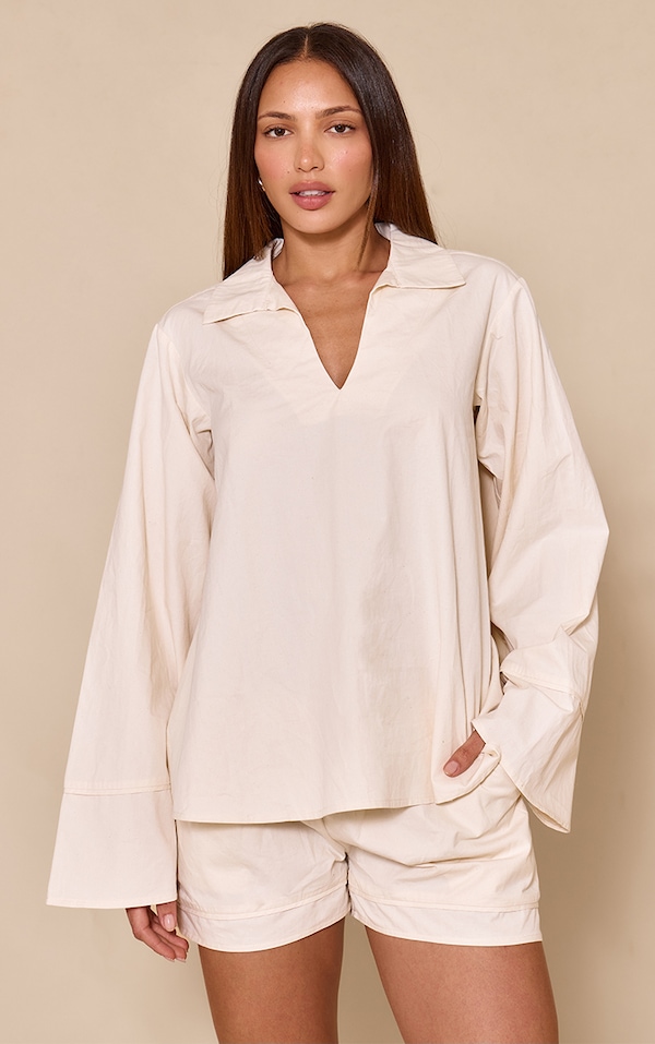 Tall Cream Cotton Woven Boxy Long Sleeve Collar Top