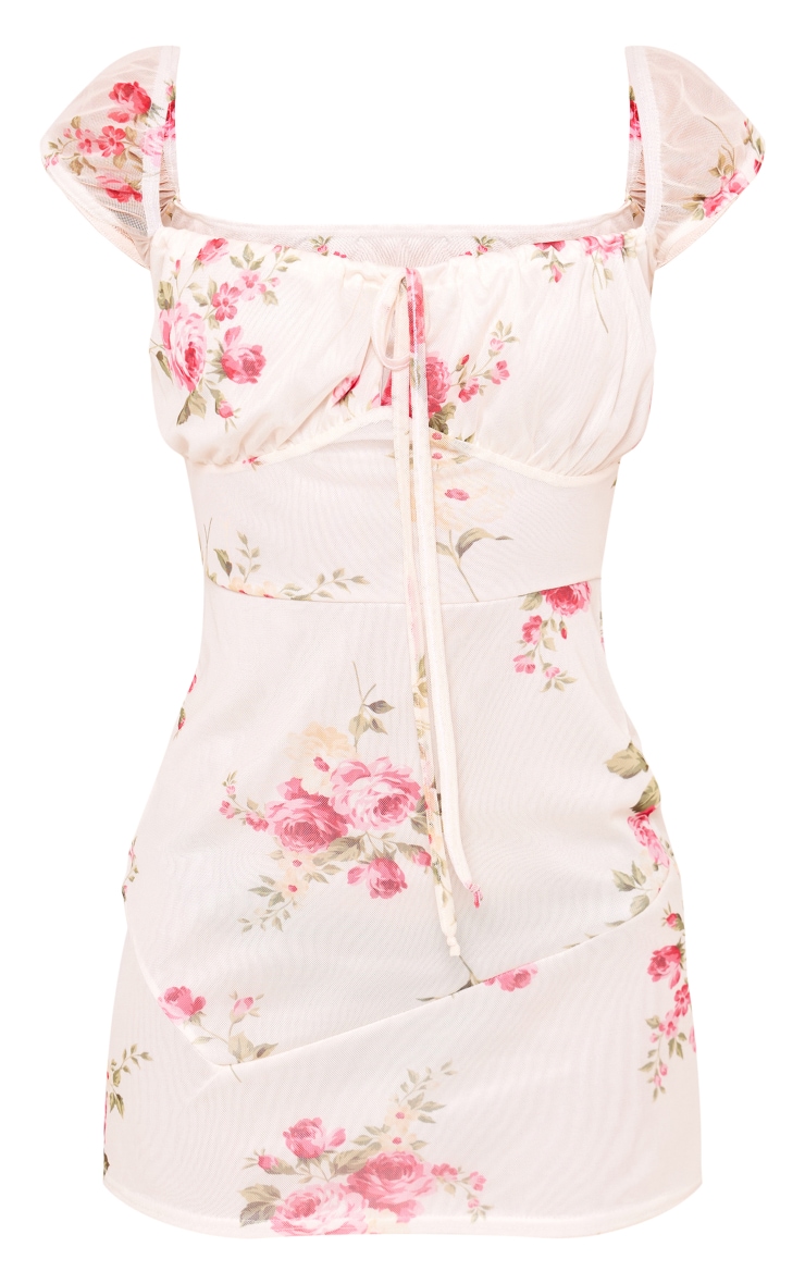 Cream Floral Mesh Cap Sleeve Mini Dress image 5