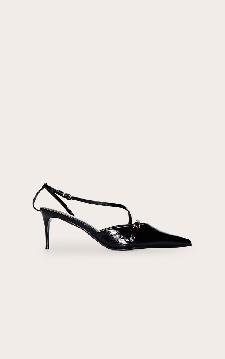 Black Crinkle Point Toe Buckle Detail Low Heel Courts image 2
