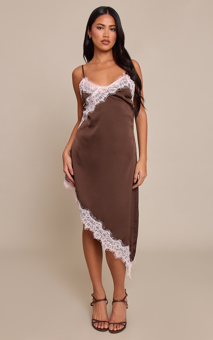 Chocolate Satin Asymmetric Lace Mini Dress