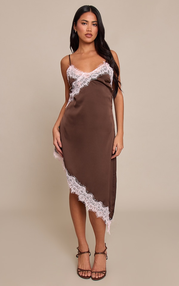 Chocolate Satin Asymmetric Lace Mini Dress