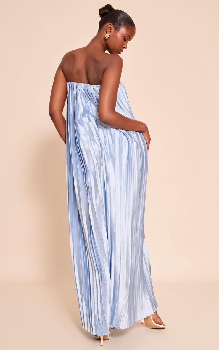 Light Blue Pleated Satin Bandeau Maxi Dress image 2