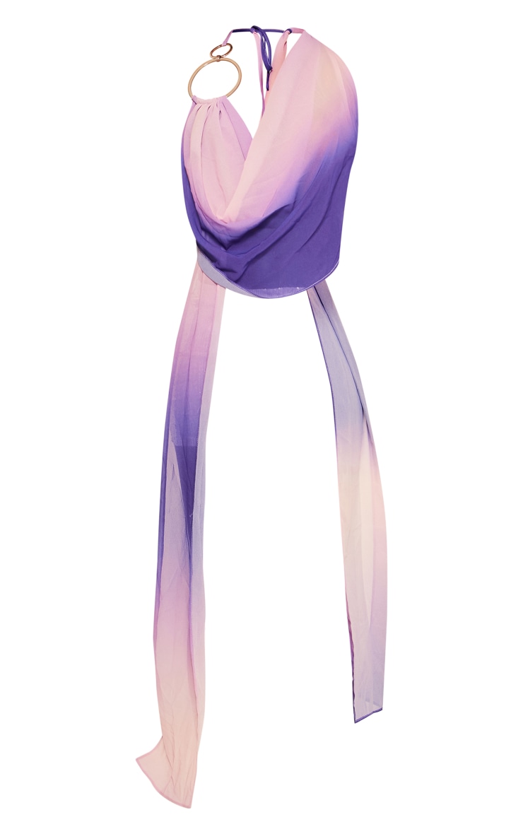 Pink Ombre Print Chiffon Metal Ring Detail Cowl Halter Long Top image 5