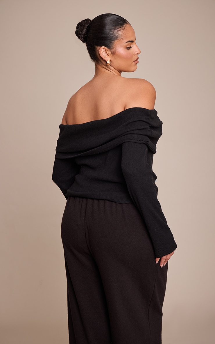 Plus Black Soft Touch Rib Off The Shoulder Long Sleeve Top image 2