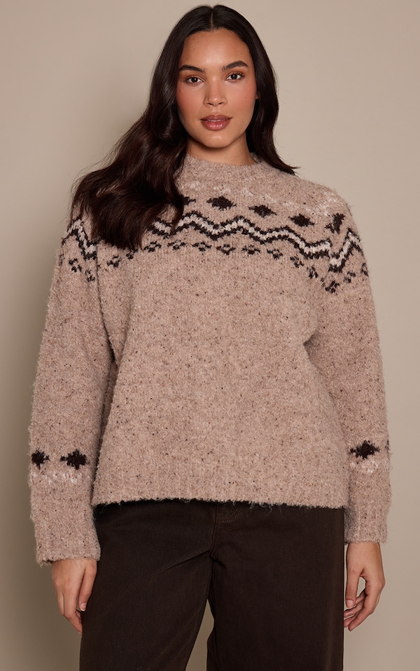 Plus Oatmeal Fairisle High Neck Knitted Sweater 