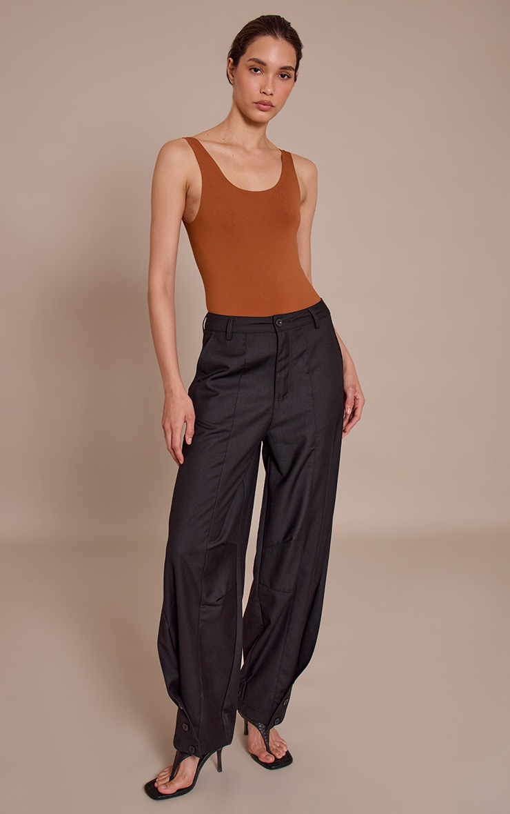 Black Woven Button Barrel Leg Seam Pants image 1