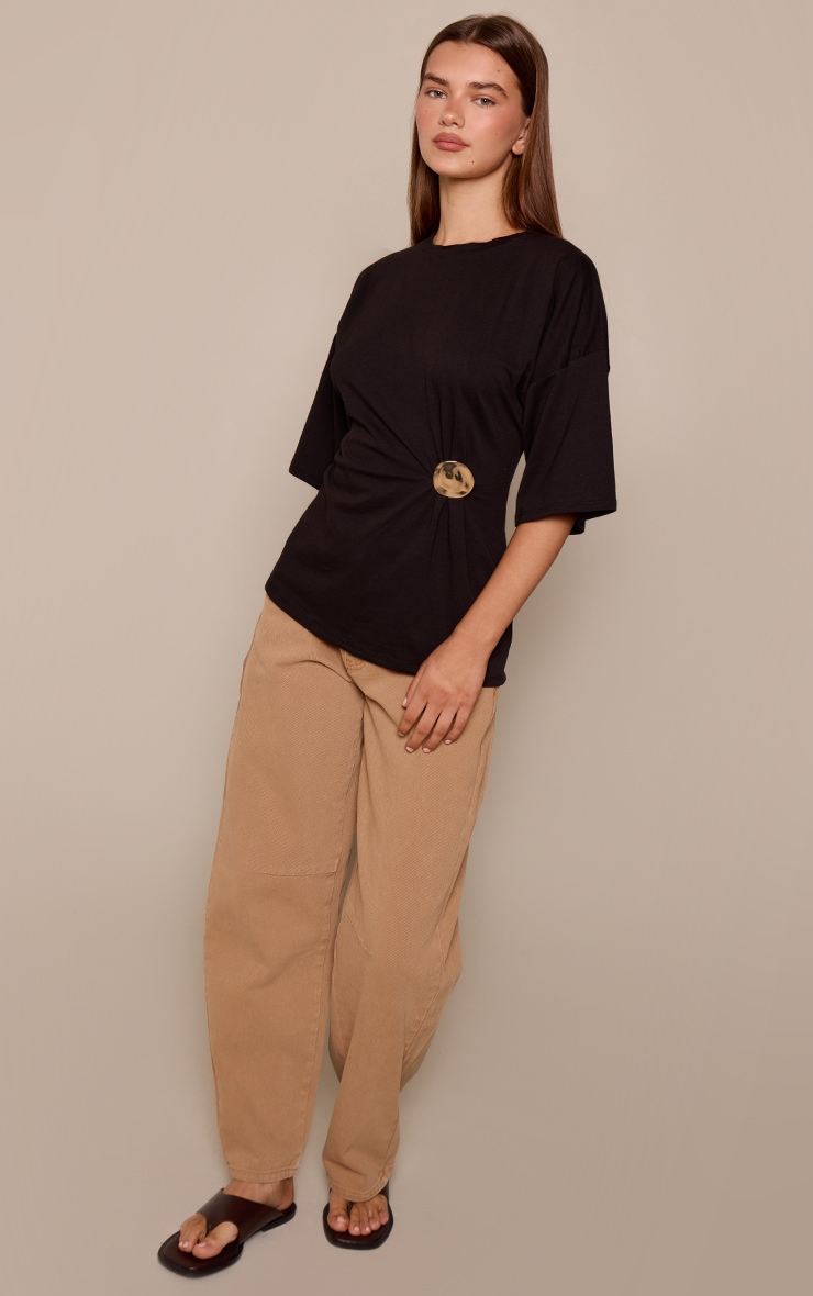 Black Cotton Trim Waist Detail Oversized T-Shirt image 3