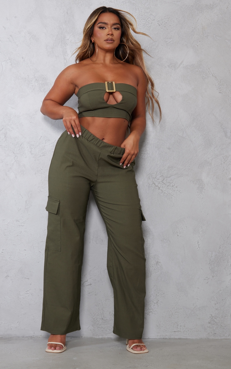 Shape Khaki Stretch Woven Buckle Detail Bandeau Crop Top image 3