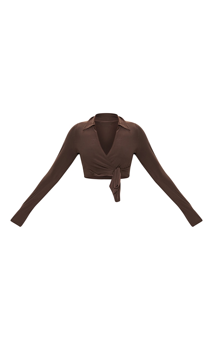 Chocolate Slinky Tie Front Cropped Blouse image 5