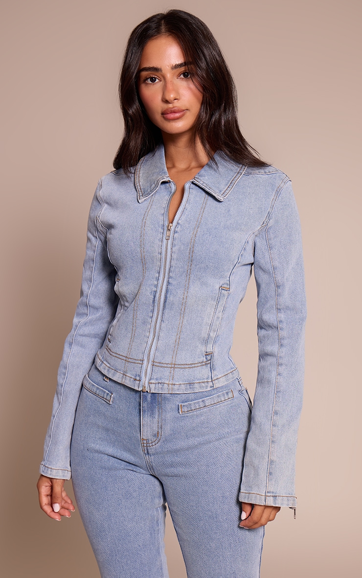 Petite Light Blue Fitted Zip Up Denim Jacket image 1