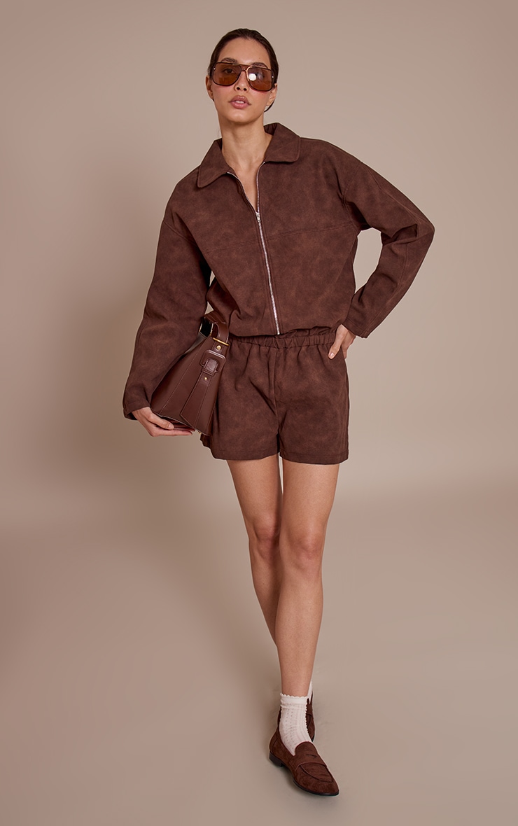 Chocolate Faux Suede Zip Up Romper image 3