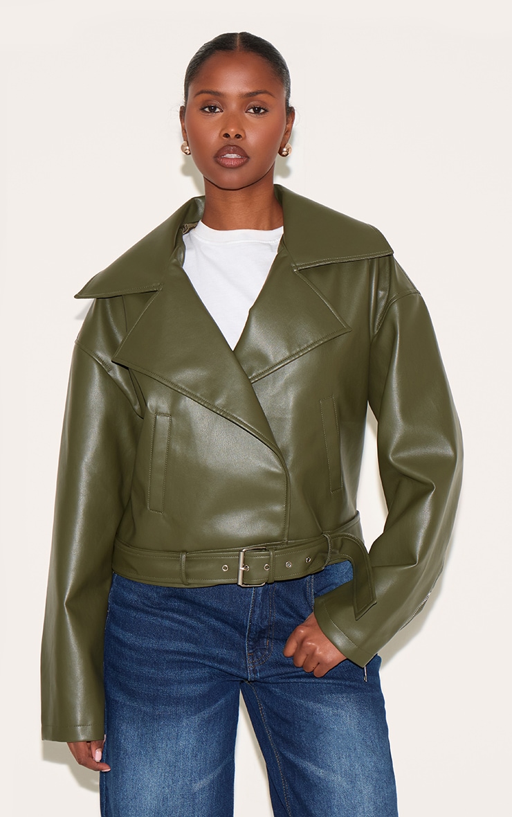 Dark Khaki Faux Leather Belted Relaxed Fit Biker Jacket image 3