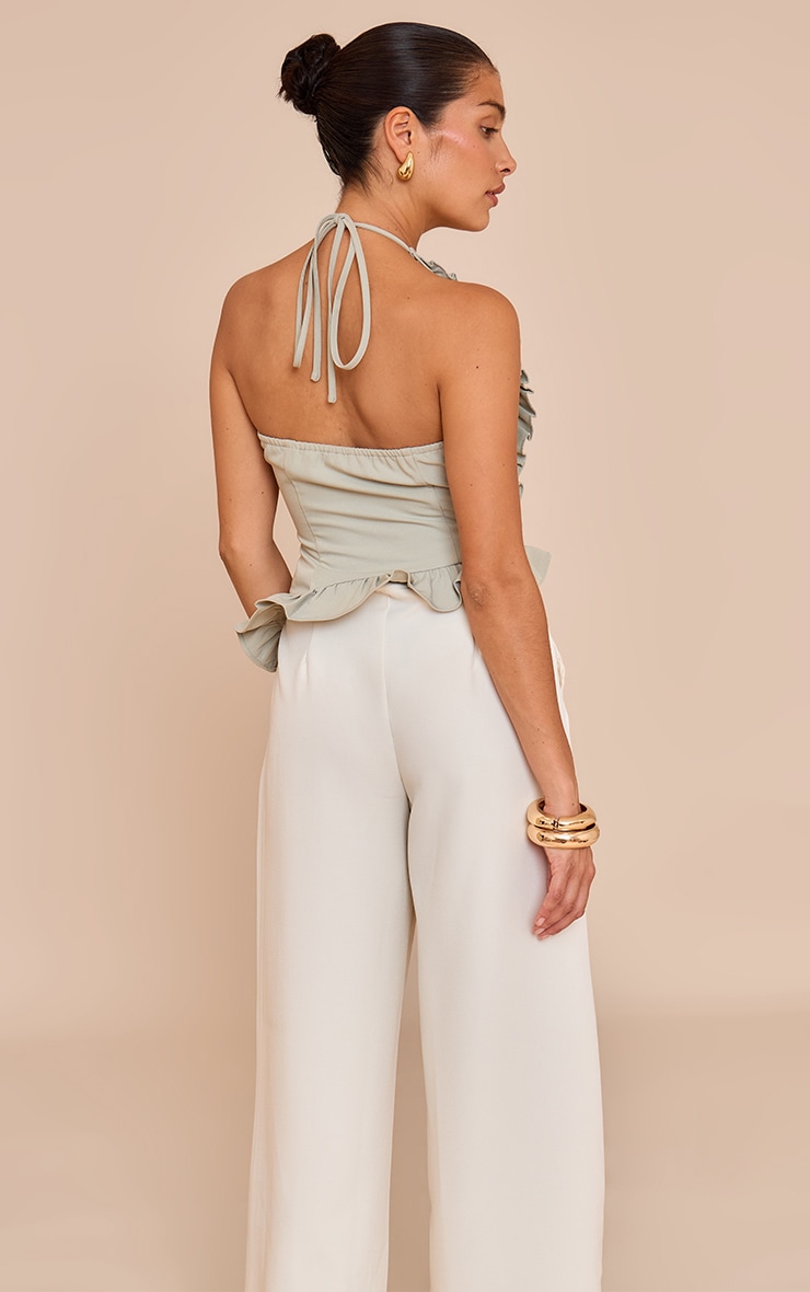 Petite Soft Olive Frill Halterneck Top image 2