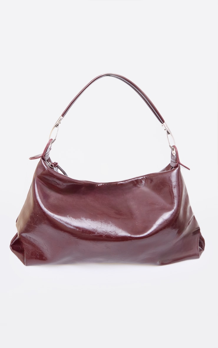 Burgundy Crinkle Patent PU Oversized Slouchy Tote Bag image 2