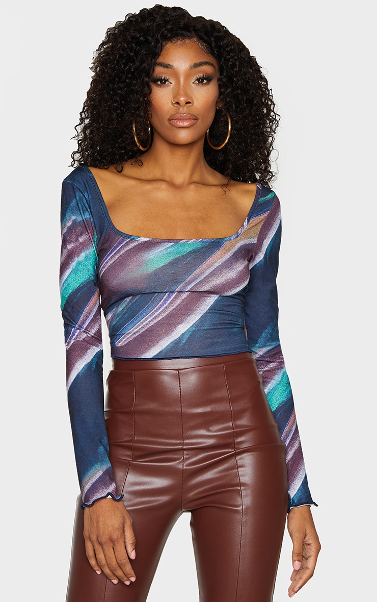 Teal Print Frill Hem Long Sleeve Crop Top