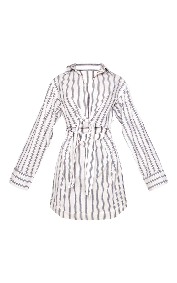  Grey Stripe Knot Front Long Sleeve Shirt Dress image 5