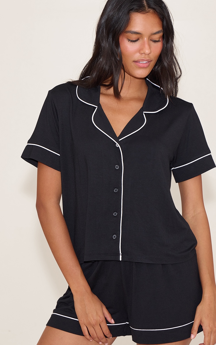 Black Modal Piping Short Pj Set image 1