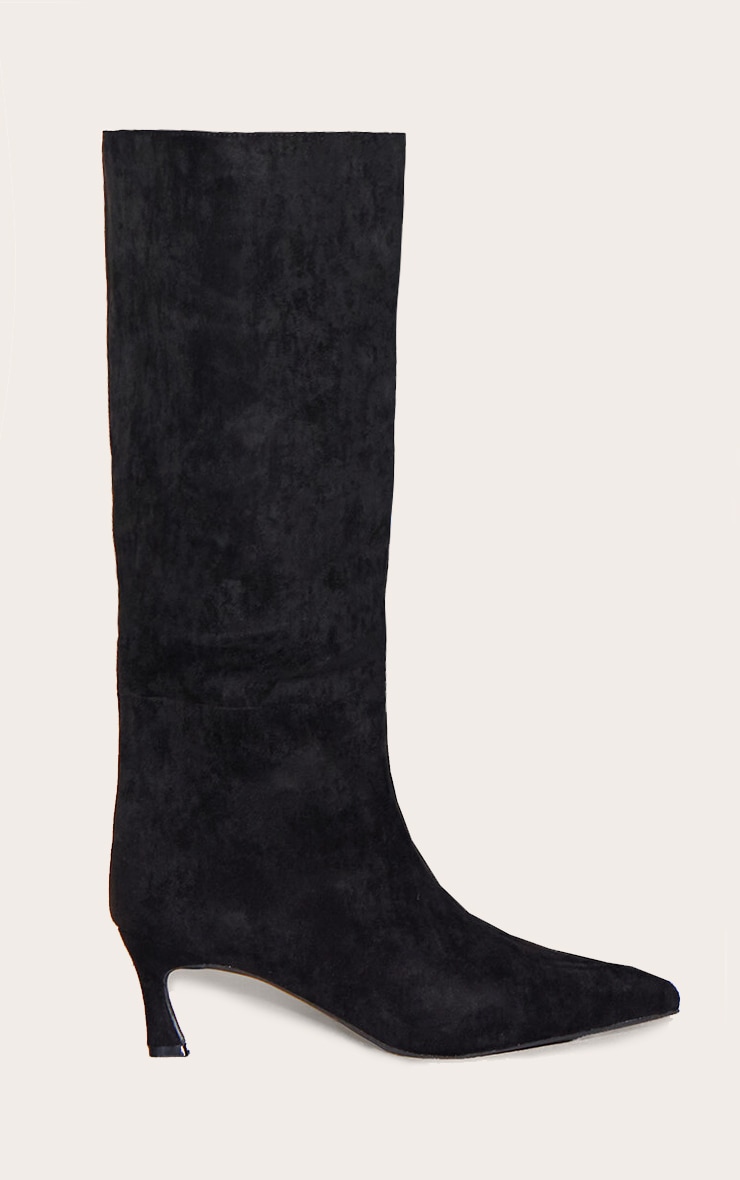 Black Faux Suede Point Toe Low Heeled Knee High Boots image 1