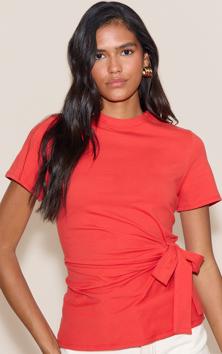 Tomato Red Cotton Tie Detail Oversized T Shirt image 1