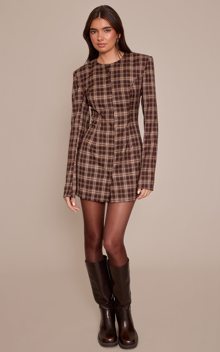 Brown Check Shoulder Pad Blazer Dress image 3