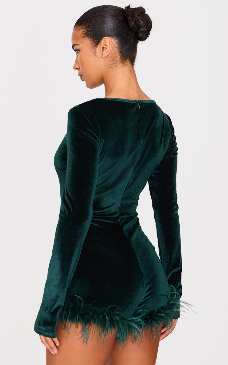 Forest Green Velvet Long Sleeve Feather Trim Romper image 2