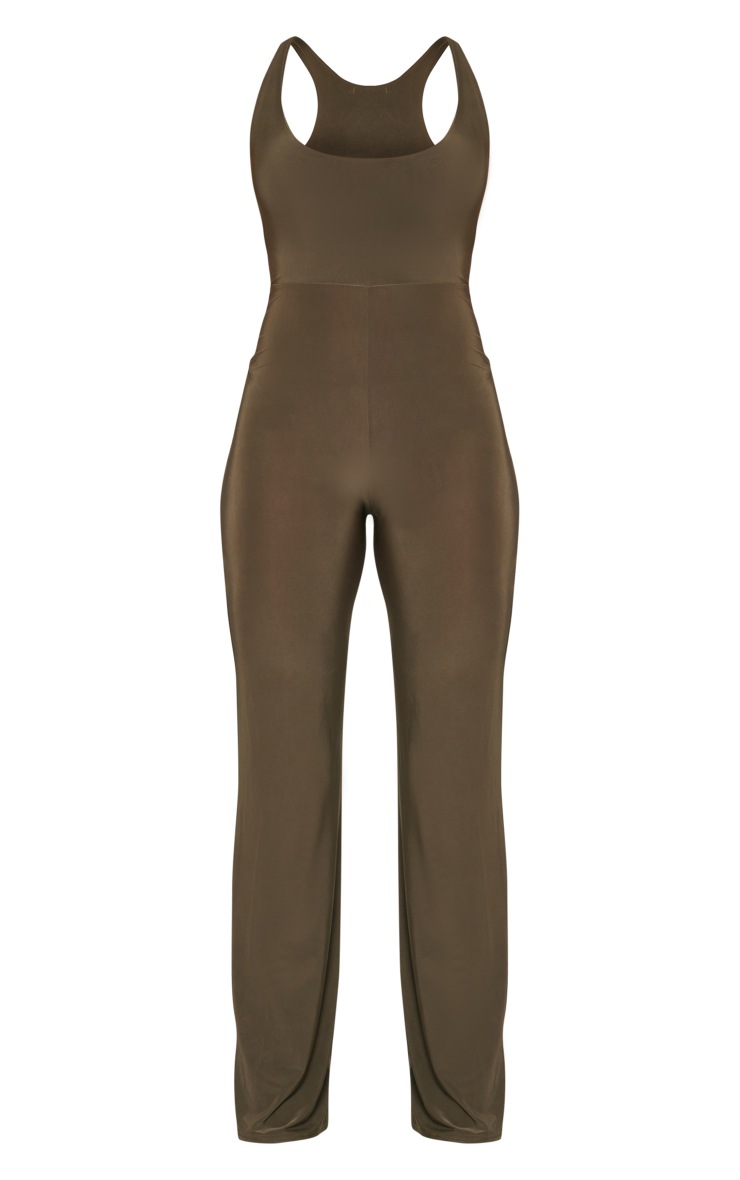 Khaki Slinky Racer Back Flared Jumpsuit PrettyLittleThing AUS