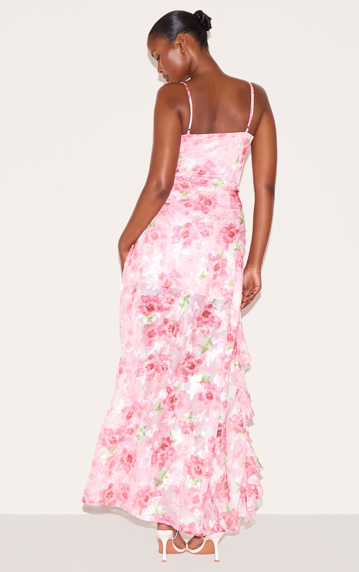 Pink Floral Chiffon Plunge Strappy Maxi Dress image 2