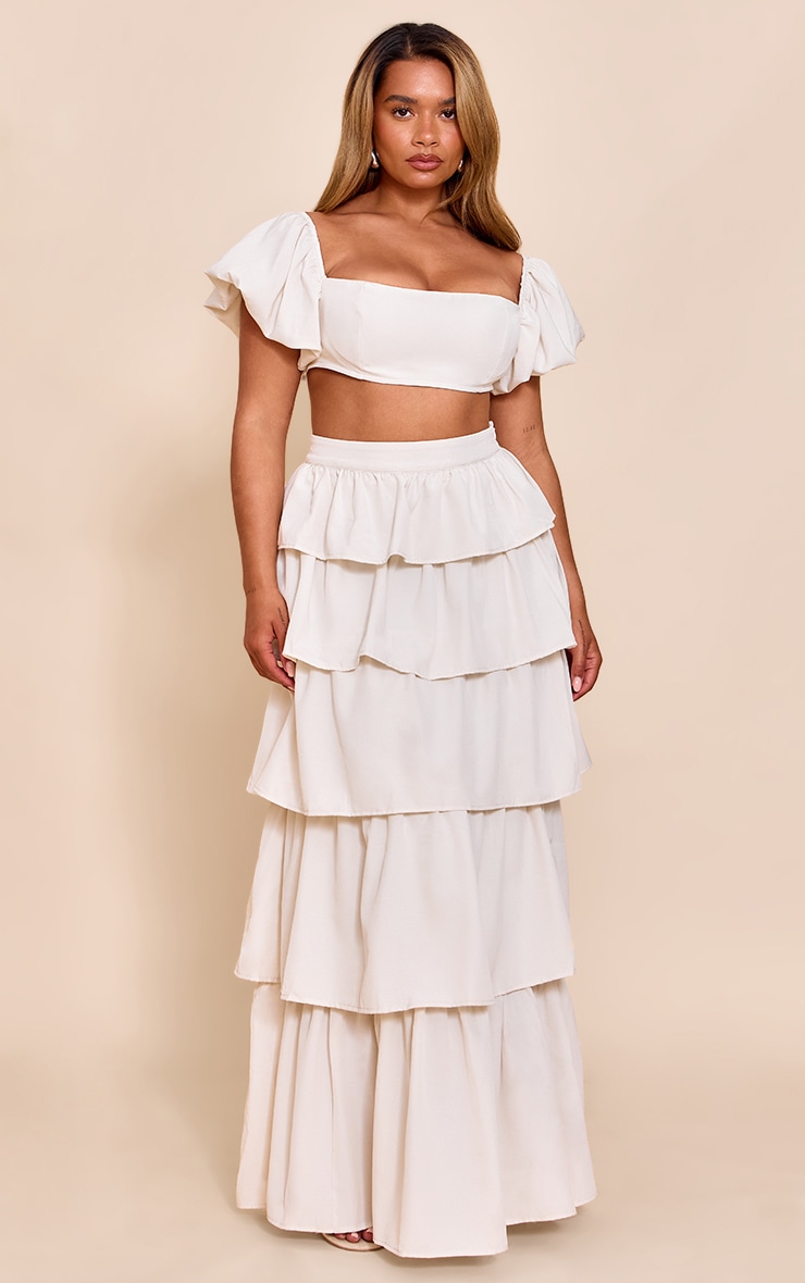 Shape Cream Crinkle Satin Puff Sleeve Crop Top image 3