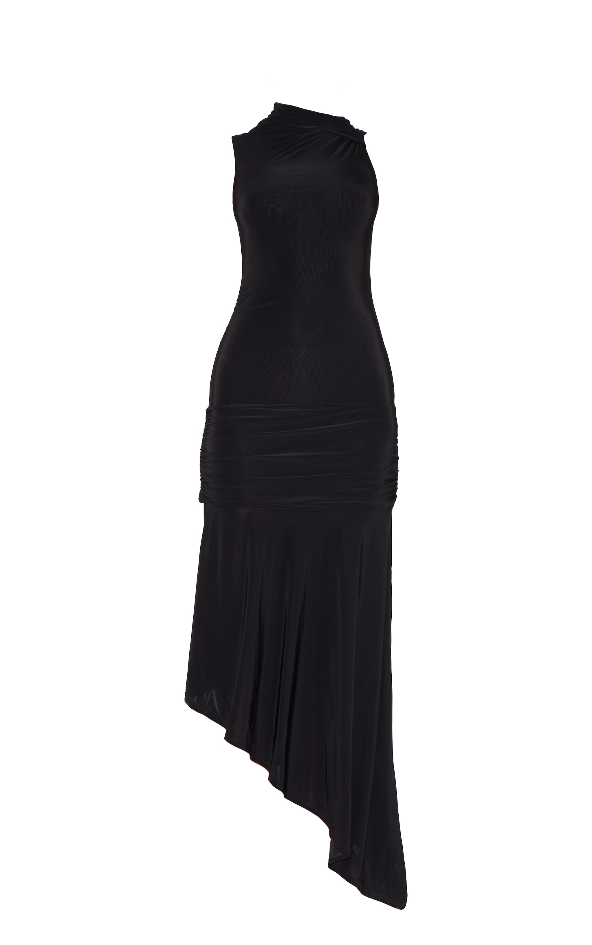 Robe longue asymétrique moulante noire froncée à partie superposée image 5