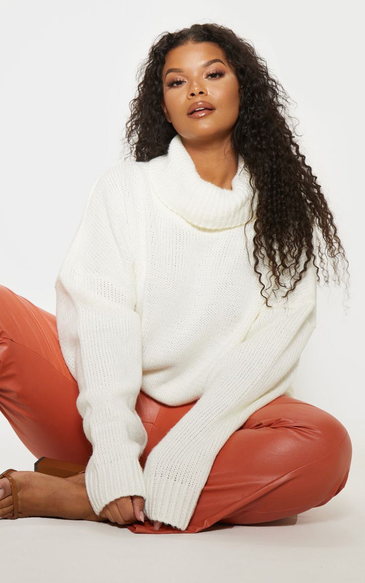 Plus Cream High Neck Fluffy Knit Jumper