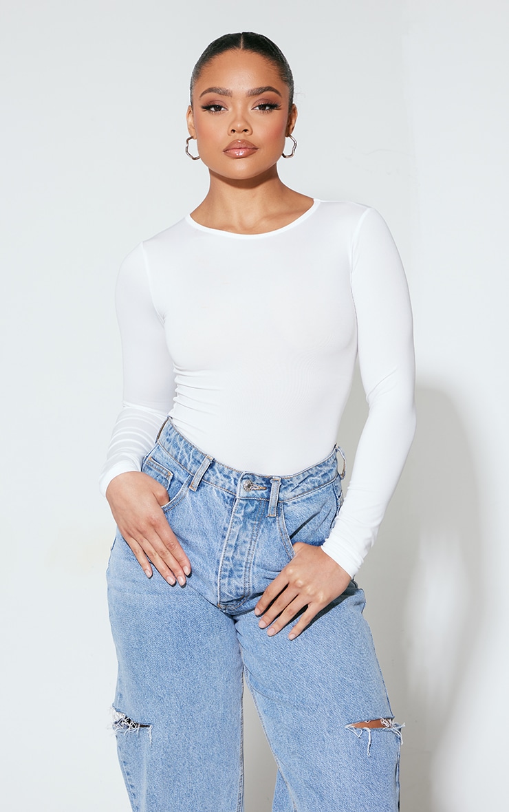 White Basic Slinky Long Sleeve Bodysuit image 1