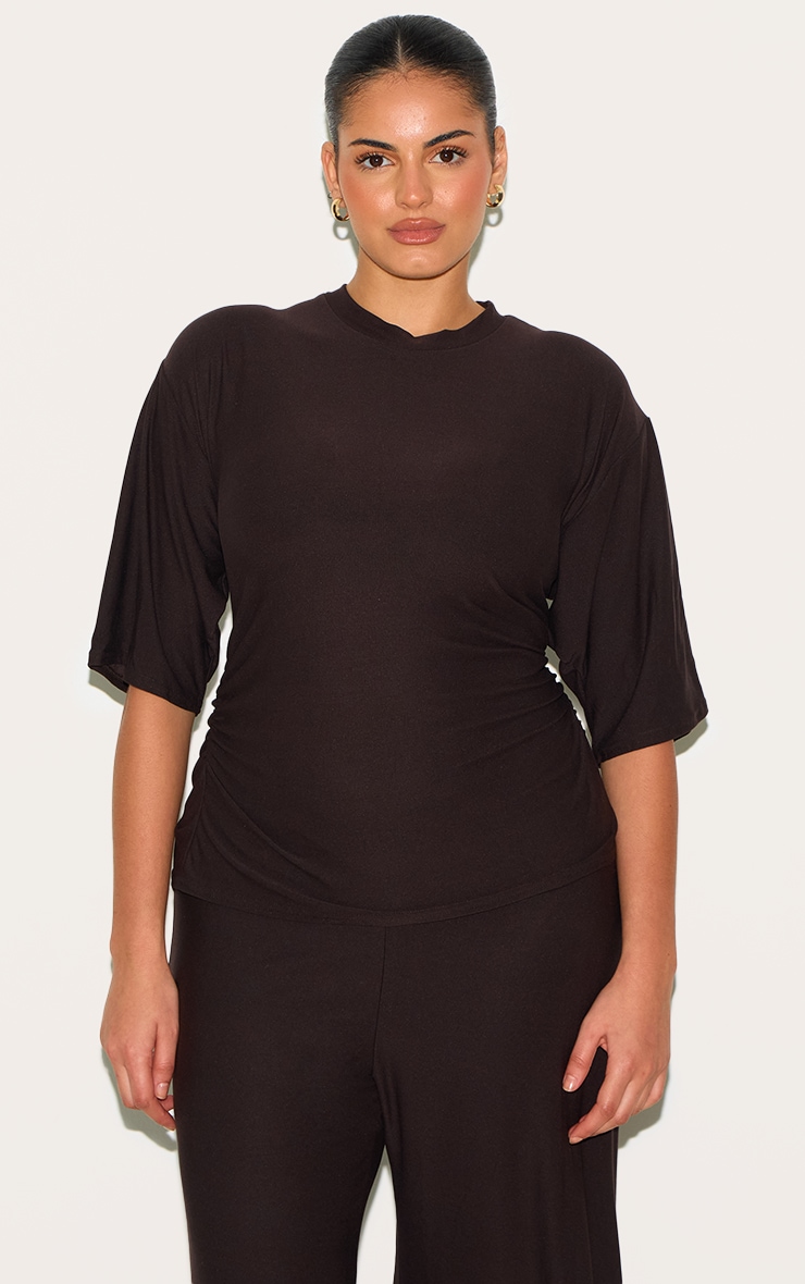 Plus Chocolate Soft Touch Ruched Oversized Short Sleeve T-shirt