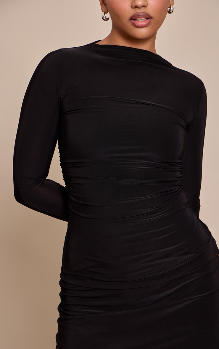 Petite Black Slinky Long Sleeve Mini Dress image 4