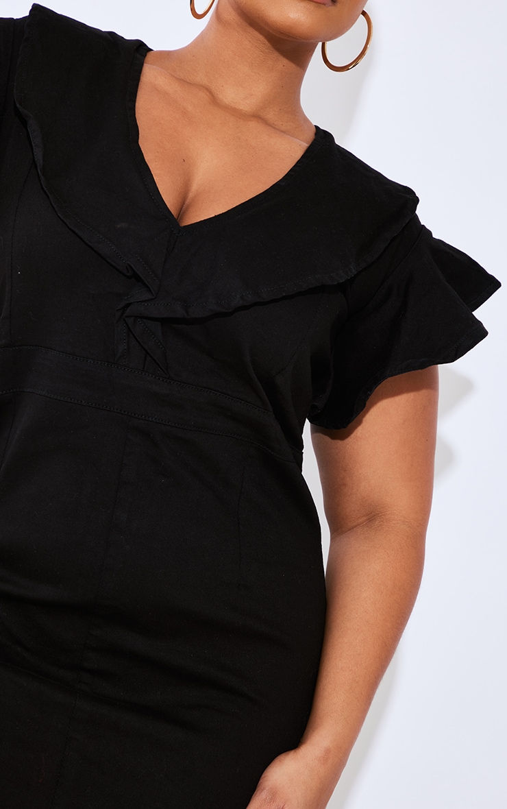 Plus Black V Neck Frill Sleeve Denim Dress image 4