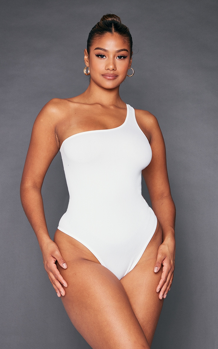 White Snatched Rib One Shoulder Sleeveless Bodysuit image 2