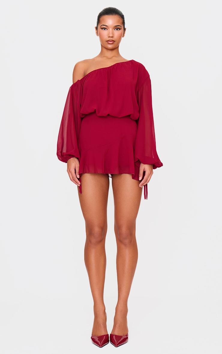 Burgundy Chiffon One Shoulder Floaty Detail Skort Playsuit image 3