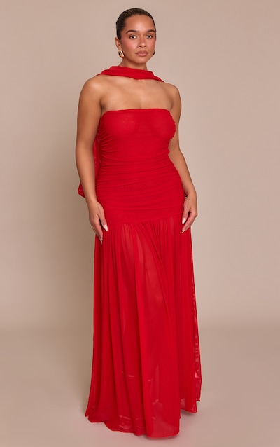 Shape Red Ruched Scarf Dropped Waist Maxi Dress