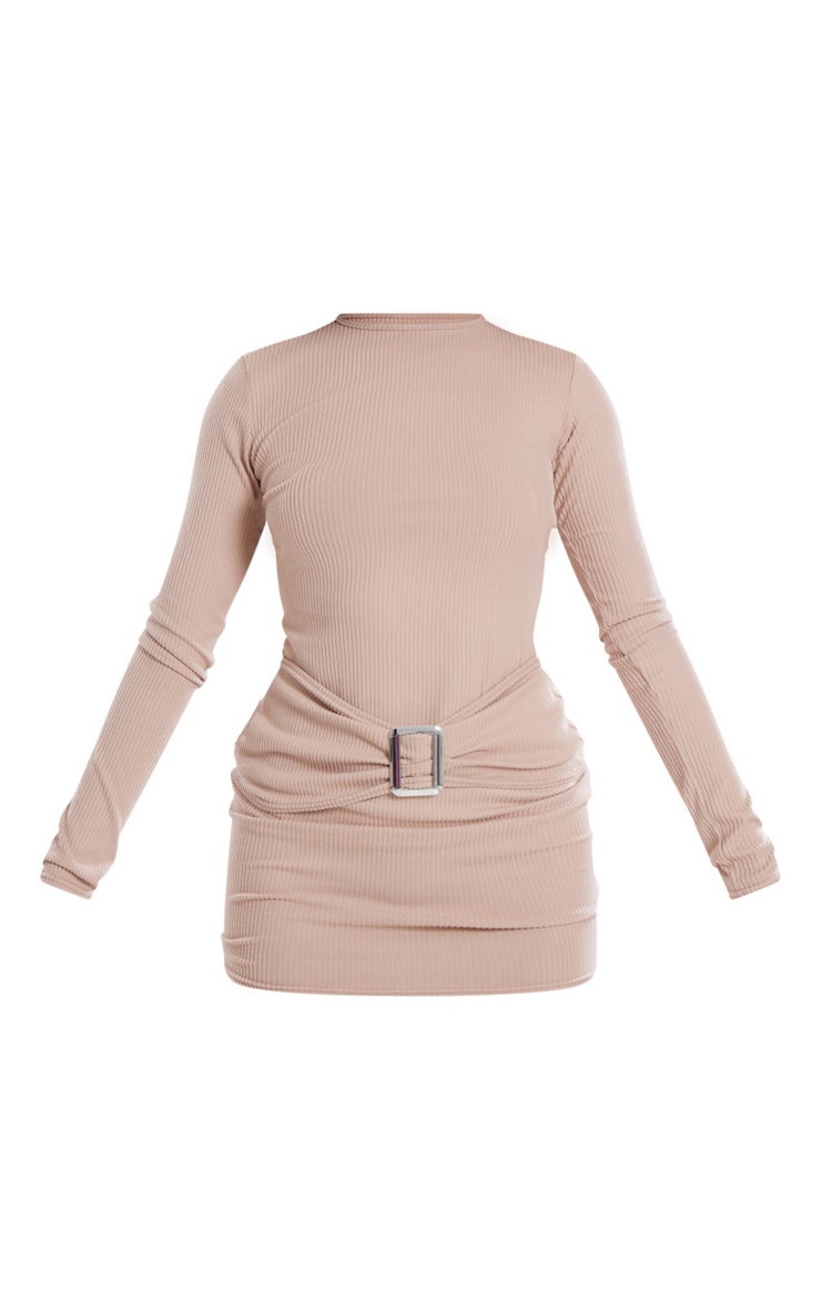 Taupe Soft Rib Belted Long Sleeve Bodycon Dress image 5