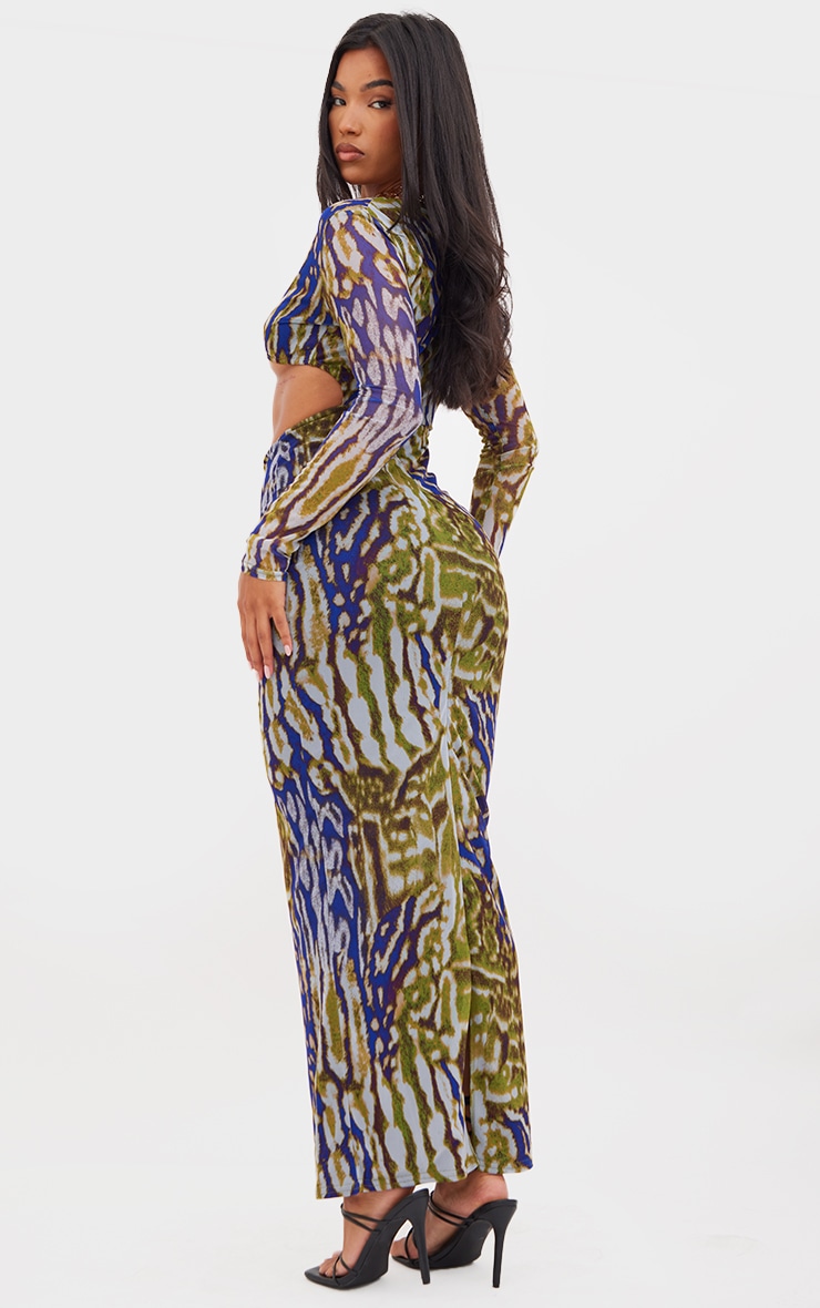  Multi Animal Print Mesh Cup Detail Long Sleeve Maxi Dress image 2