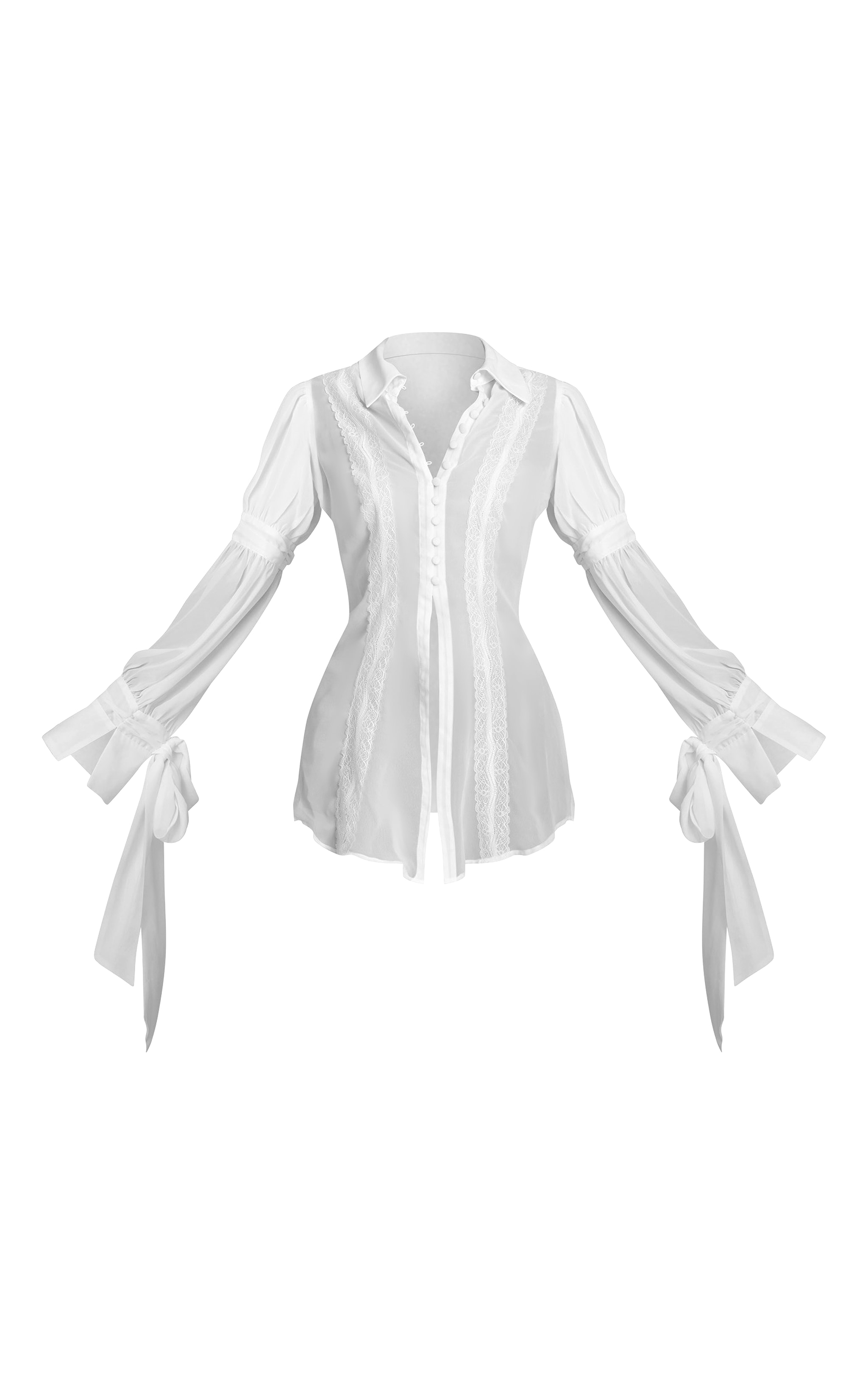 White Chiffon Lace Trim Detail Long Blouse image 5