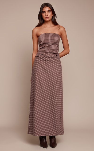 Robe bustier longue brossée chocolat à fines rayures