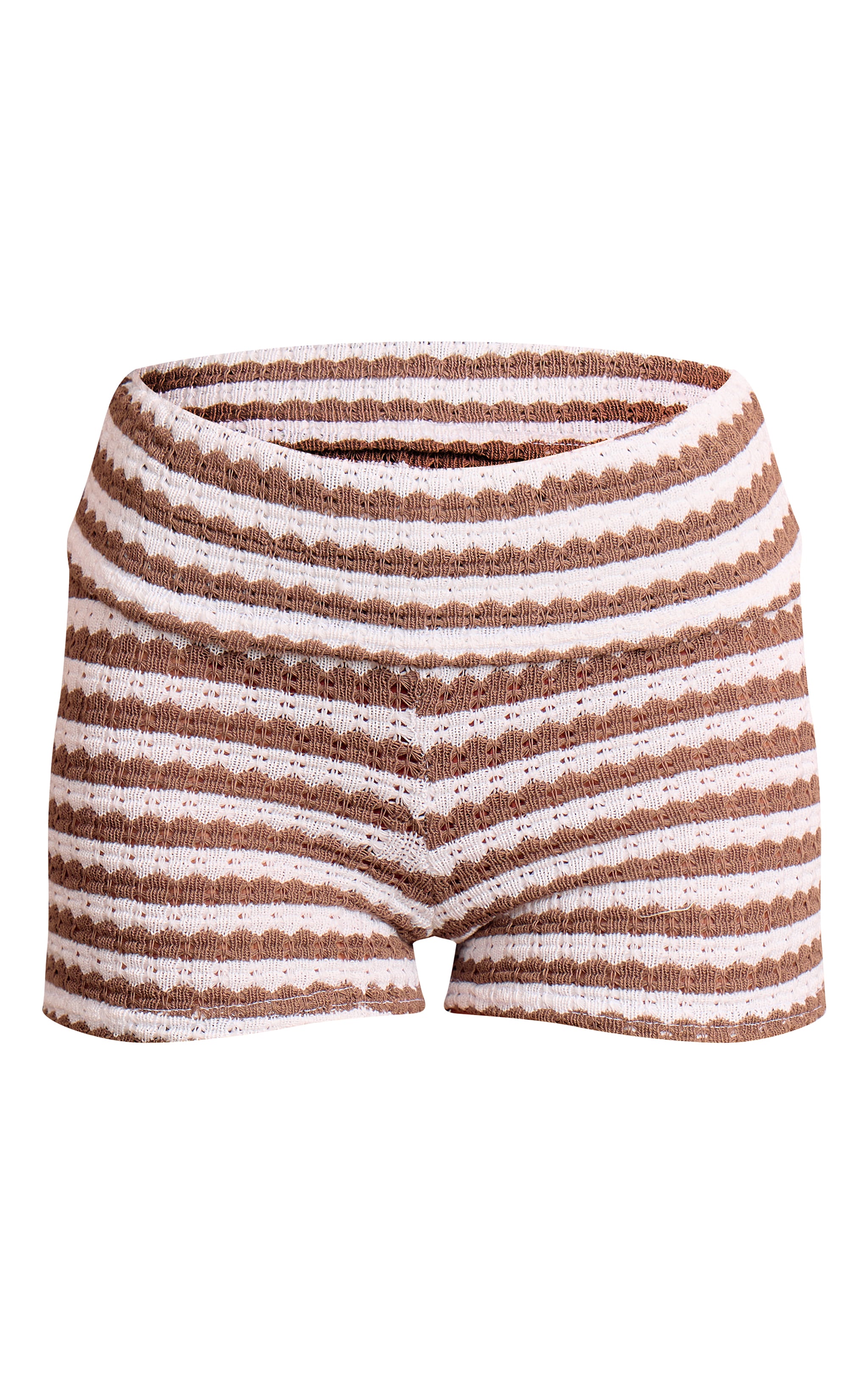 Chocolate Brown Striped Textured Jersey Fold Over Shorts image 6