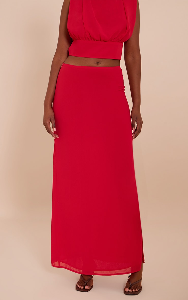 Tomato Red Chiffon Split Maxi Skirt image 2